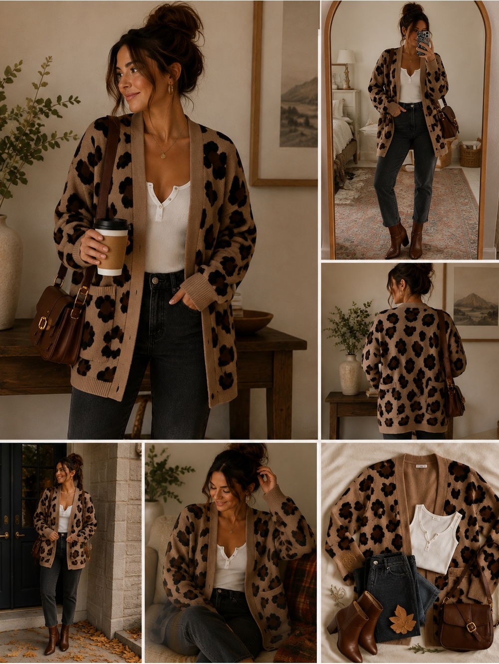 Timing Leopard Print Open Front Cardigan M/L Cozy Neutral Animal Print Sweater